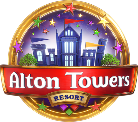 A circular logo with a gold border and multi coloured stars - a red rectangle spans the circle with the text Alton Towers resort. Within the circle sits a purple house with flags and two trees either side.