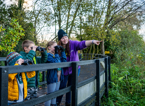 A woman in a beenie hat and purple top points as she stands on a board walk with some children who are using binoculars to bird watch