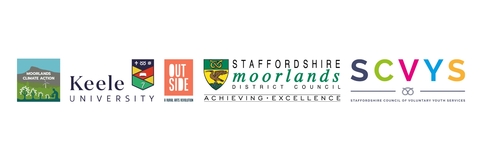 A collection of brightly coloured logos for Moorlands Climate Action, Keele University, Outside, Staffordshire Moorlands District Council and SCVYS