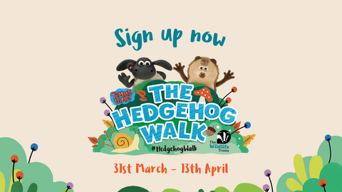 A beige background with some greenery at the bottom and a central logo feature the text The Hedgehog Walk with sheep and hedgehog cartoon characters waving. Text above the image reads 'Sign up now' and below 31st March - 13th April