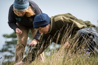 Two woman examining something in long grass, they wear woolly hats and dark outdoor clothing