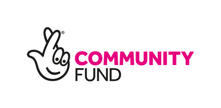 The text Community Fund in pink and black text with an outline graphic of a hand with its fingers crossed