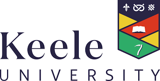 Keele University in navy text with a red, yellow and green badge emblem next to it