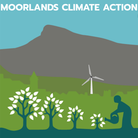 A graphic depicting a blue sky with white text that reads Moorlands Climate Action, with a grey hill outline and green skyline with a wind turbine and trees in the foreground with a person watering them