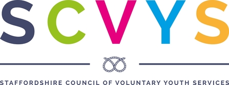 Staffordshire Council of Voluntary Youth Services SCVYS logo in blue, pink, green and yellow text with the Staffordshire knot