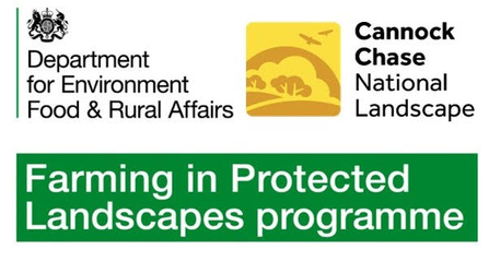 A logo group with Department for Environment Food & Rural Affairs, Cannock Chase National Landscape with Farming in Protected Landscape Programme text across the bottom