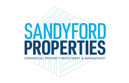 Sandyford Properties in bright blue and navy blue with a house shape graphic behind and text underneath that reads commercial property investment & management